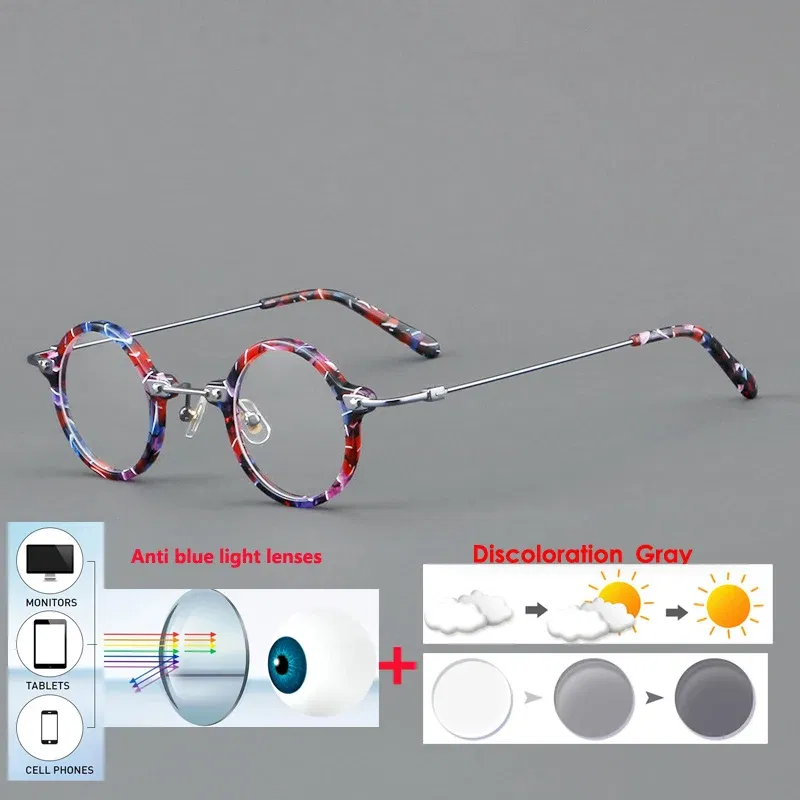 Frame Color: Blue, Eye Prescription: +50 - VCKA Anti-blue Discolor Acetate+Titanium Myopia Glasses Frames Small Round Men Prescription Optical Women Eyewear -0.50 to -10.0
