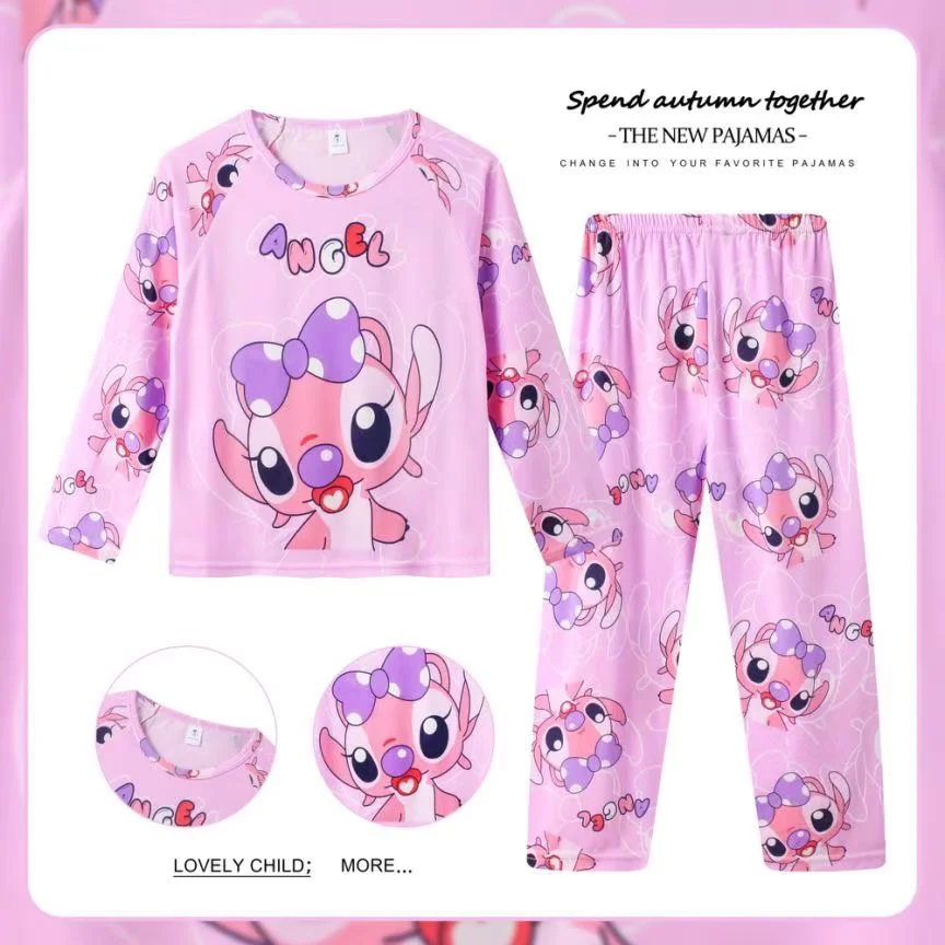 Color: SKY BLUE, Kid Size: 12t - 2pcs/set New Disney Stitch Children Pyjamas for Boys and Girls Sets Kid Minnie Home Wear Travel Casual Sleepwear Suit Cute Gift