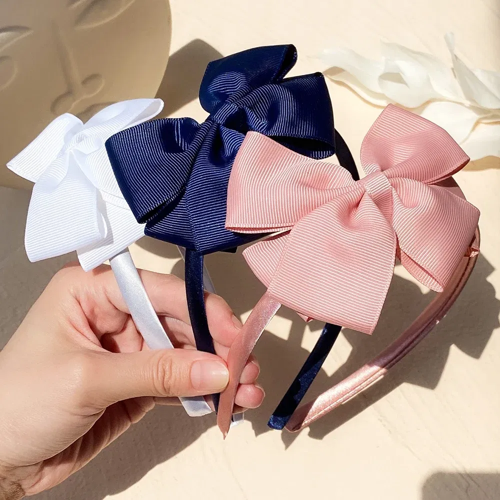 Color: Light Khaki - 1 Piece Ribbon Handmade Hair Bows Hairbands for Baby Girls 20 Colors Cute Bowknot Solid Headband Headwear Baby Hair Accessories