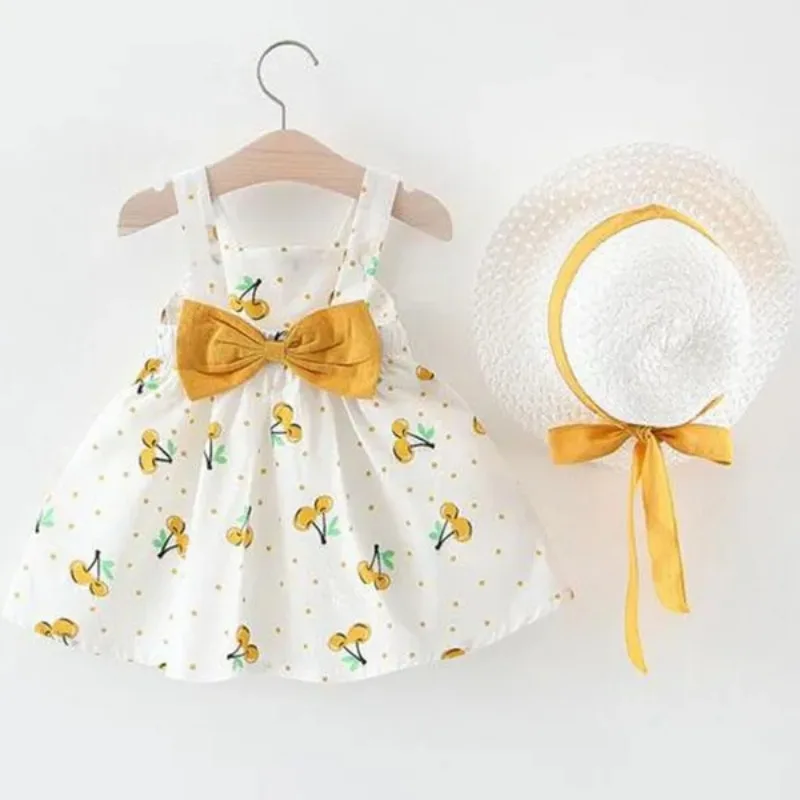 Color: Yellow, Kid Size: 3T - 1Pc Kids Girl Summer Sleeveless Dress Cute Print Bow Casual Dress with Straw Hat