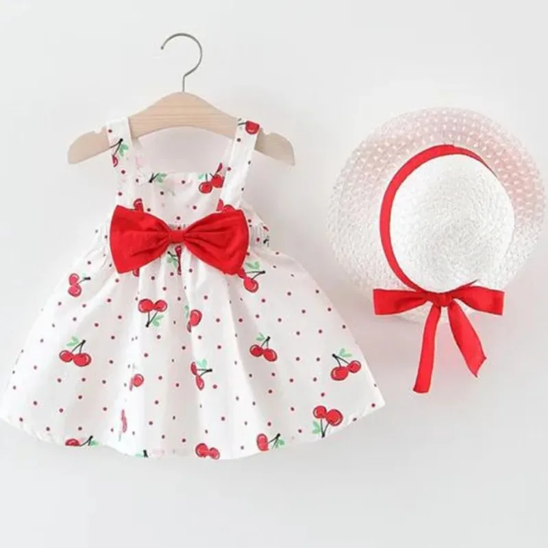 Color: Yellow, Kid Size: 3T - 1Pc Kids Girl Summer Sleeveless Dress Cute Print Bow Casual Dress with Straw Hat
