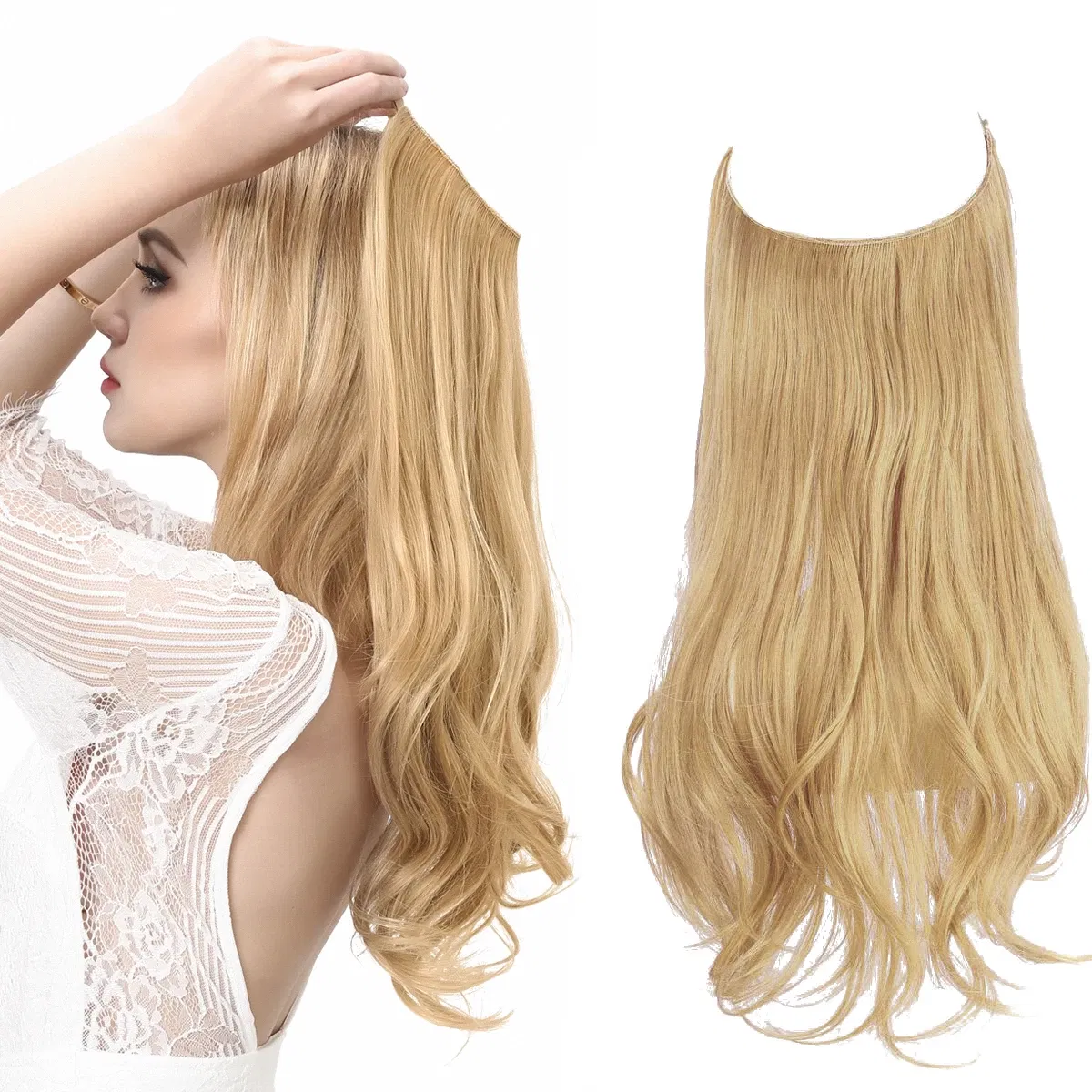 Color: OMBRE, Stretched Length: 22INCHES - Synthetic No Clip Wave Hair Extensions Ombre Natural Black Blonde Pink One Piece False Hairpiece Fish Line Fake Hair Piece