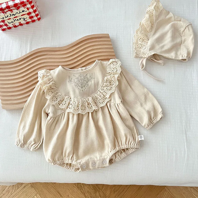 Color: black, Ships From: CHINA, Kid Size: 6M - MILANCEL New Spring Baby Bodysuit Toddler Embroidered Lace Jumpsuit with Hat Girls Outwear 2PCS