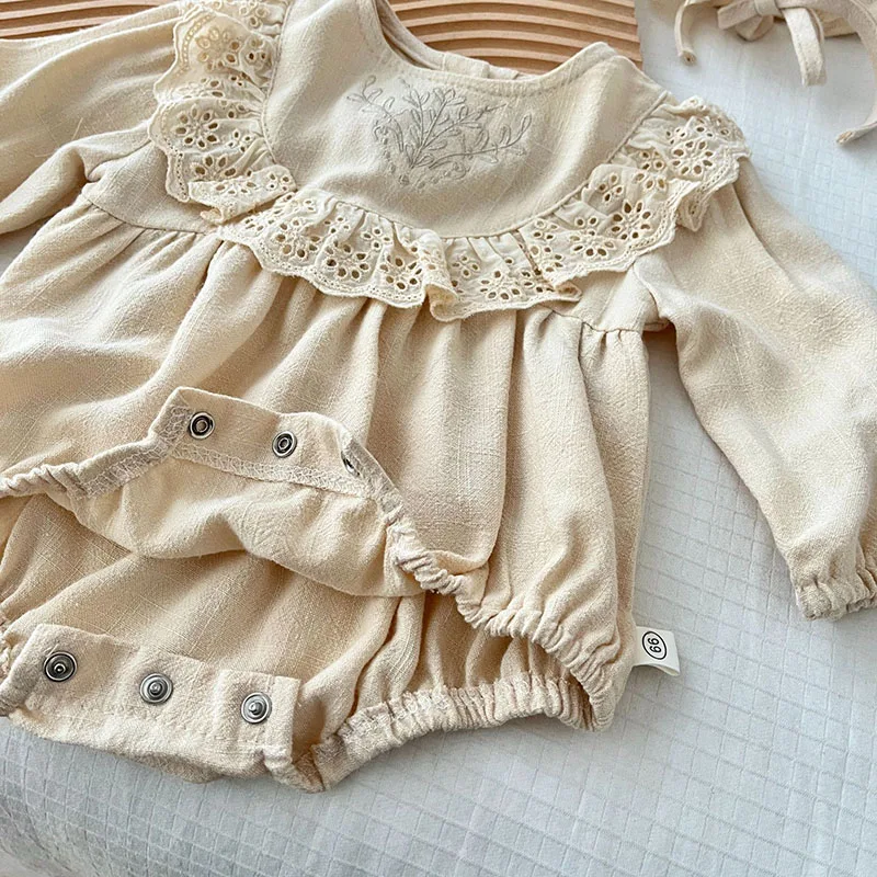 Color: black, Ships From: CHINA, Kid Size: 6M - MILANCEL New Spring Baby Bodysuit Toddler Embroidered Lace Jumpsuit with Hat Girls Outwear 2PCS