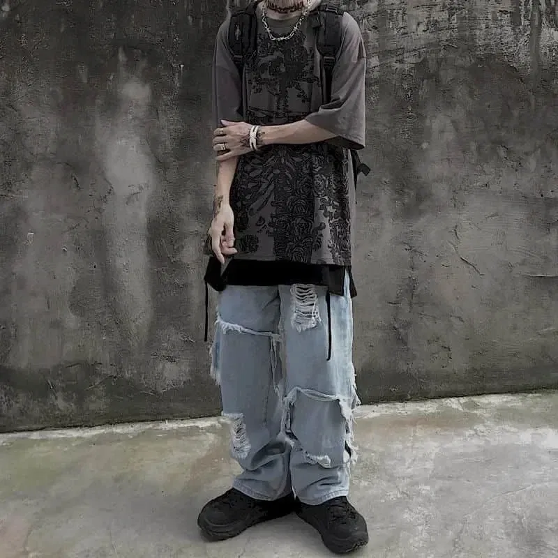 Color: Khaki, Size: XL - Men T-shirts 2023 Summer Streetwear High Street Gothic Skull Tshirt Loose Oversized Short-sleeved T shirt Dark Anime Men Y2k Top
