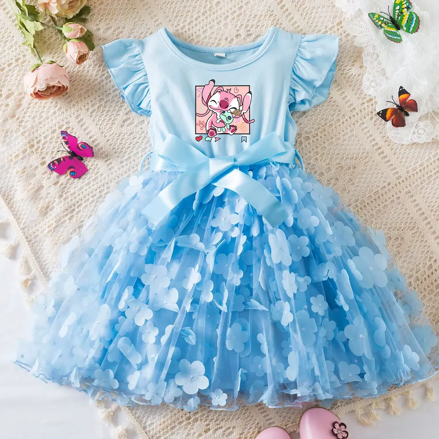 Color: Khaki, Size: M - 3D Butterfly Cute Lilo Stitch Summer Dress for Kid's Casual Clothes Baby Girls Beautiful Princess Dress Party Dresses 2-6 Yrs