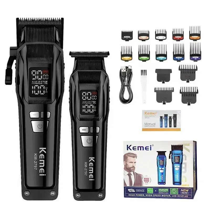 Color: Red - Kemei Professional Electric Hair Clipper Kit Rechargeable Hair Trimmer Shaver for Men USB Charging Beard Razor KM-2797 KM-1102