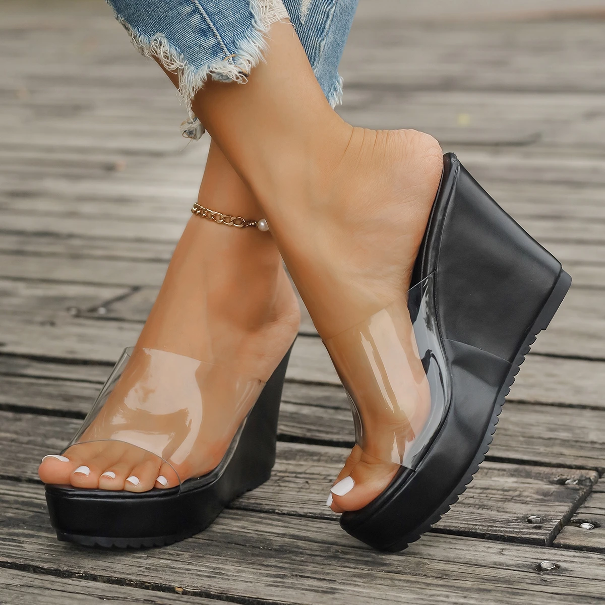Color: black, Shoe Size: 40 - 2024 Women Sandals New Casual Heels Woman Transparent Platform Wedges Non-slip Shoes Ladies Summer High Heel Large Size 35~43