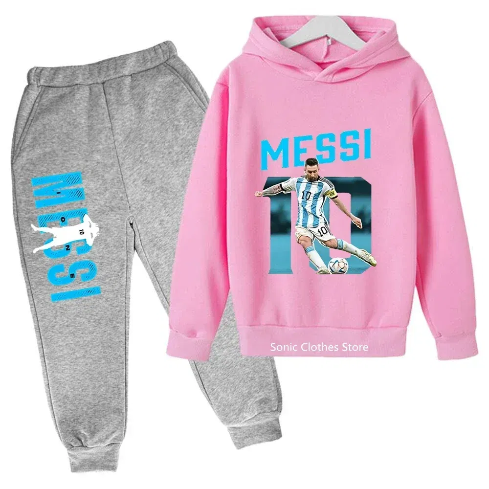 Color: Pink, Kid Size: 7 - messi avatar printed children's clothing children's autumn and winter hoodies pants 2-piece casual boys and girls suits