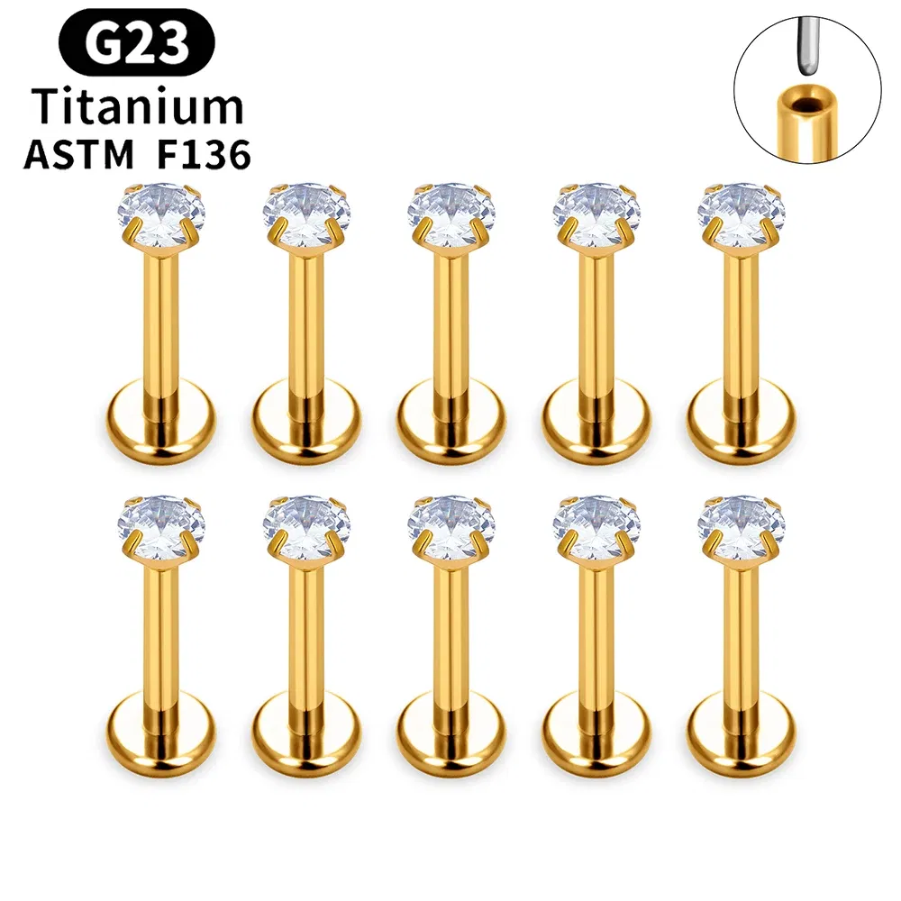 Metal color: Light Yellow Color, Ships From: CHINA, Main Stone Color: Yellow - 10PCS ASTM F136 G23 Titanium Piercing Labret Lip Ring Stud Earring CZ Ear Tragus Cartilage Helix Daith Pierc Jewelry 16/18/20g