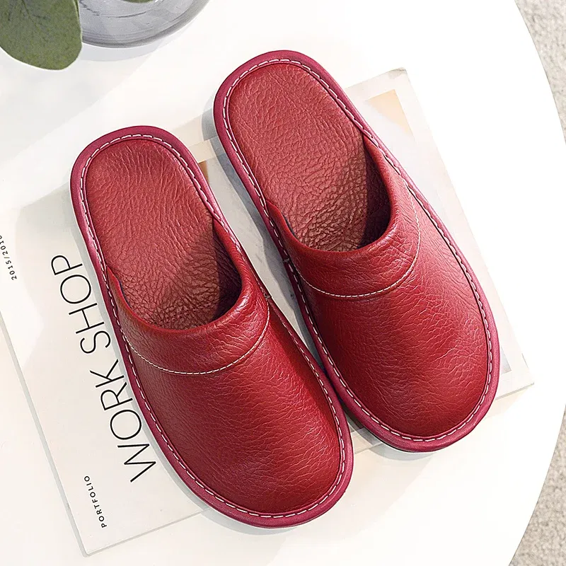 Color: Gold, Shoe Size: 5.5 - Mens Bedroom Leather Slippers Unisex Black Home Shoes Big Size 47 48 Man's Slippers Indoor Comfy Males Slides Family Flats Shoes