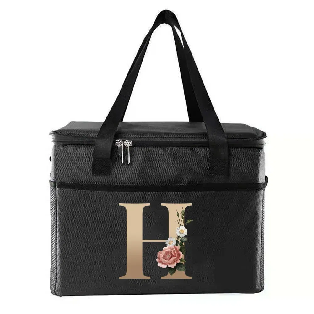 Color: Dark Grey - Thermal Bag Portable Lunch Bags Insulated Cooler Bag Food Bento Bags Printing Gold Letter Series Travel Picnic Storage Ice Bags
