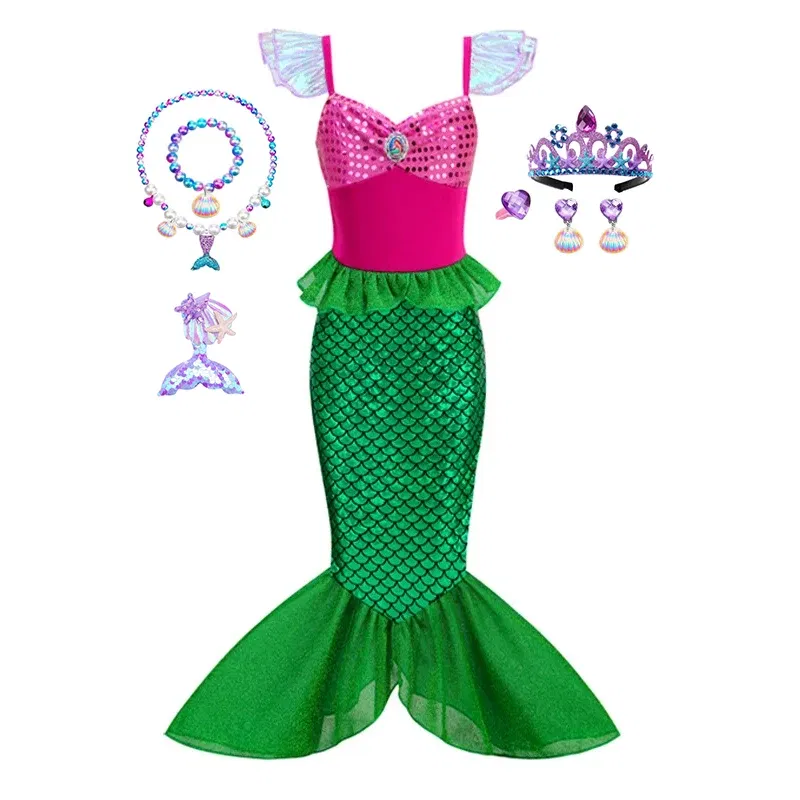 Color: GRAY, Kid Size: 11 - Disney Little Mermaid Ariel Costumes for Girls Princess Dress Cosplay Halloween Carnival Kids Birthday Party Dress Up Clothing