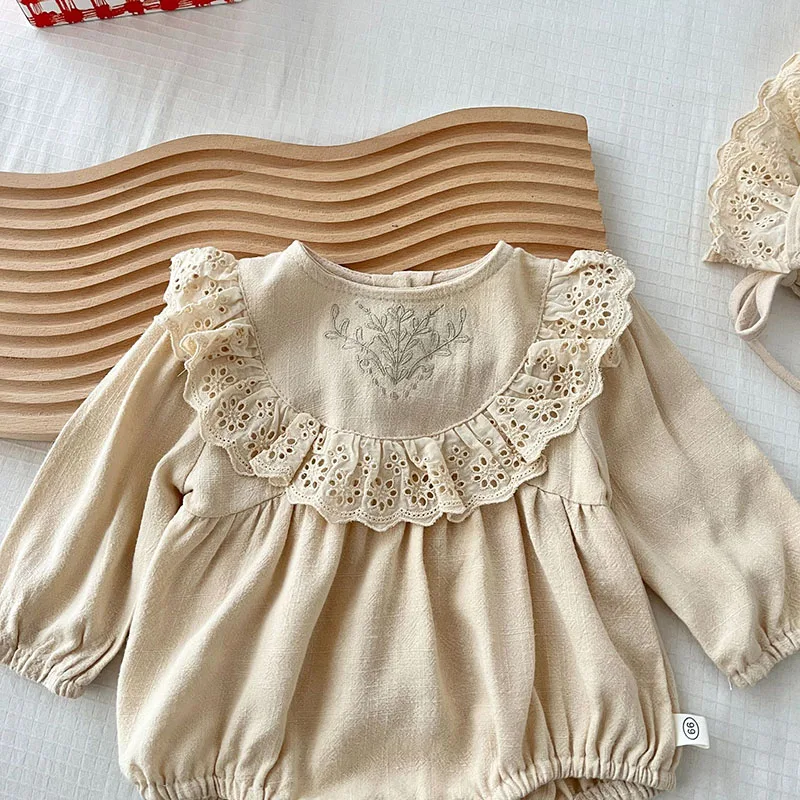 Color: black, Ships From: CHINA, Kid Size: 6M - MILANCEL New Spring Baby Bodysuit Toddler Embroidered Lace Jumpsuit with Hat Girls Outwear 2PCS