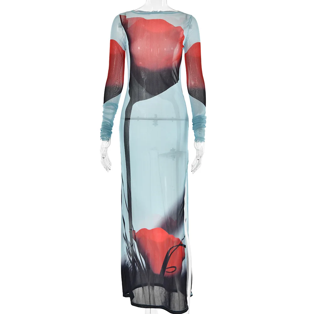 Color: Beige, Size: XXS - Y2K Women Dress Long Sleeve Transparent Sexy Robe Vacation Beach Dresses Evening Party Dress Up Split Skirt Female Clothing