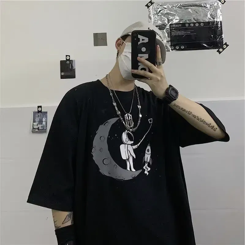 Color: Khaki, Size: XL - Men T-shirts 2023 Summer Streetwear High Street Gothic Skull Tshirt Loose Oversized Short-sleeved T shirt Dark Anime Men Y2k Top