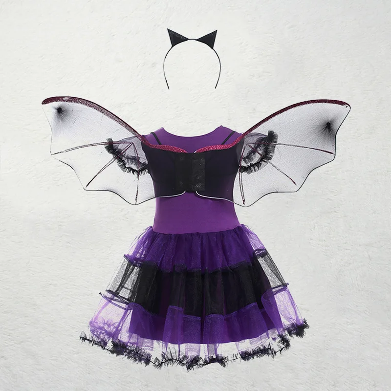Kid Size: 2T, Color: Brown - Halloween Children Purple Vampire Costume Girls Dress Kids Clothes Baby Bat Spider Party Cosplay Headband +Wing Outfit