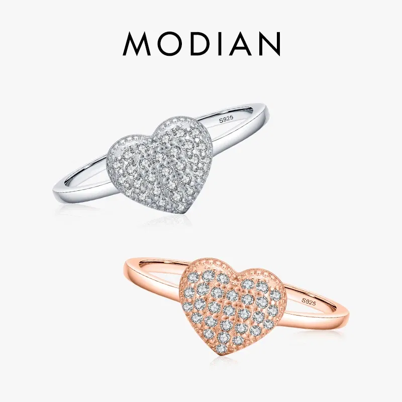 Gem Color: silver, Ring Size: 9 - MODIAN 925 Sterling Silver Delicate Romantic Love Heart Finger Ring Zirconia For Women Fine Jewelry Valentine Day Gift