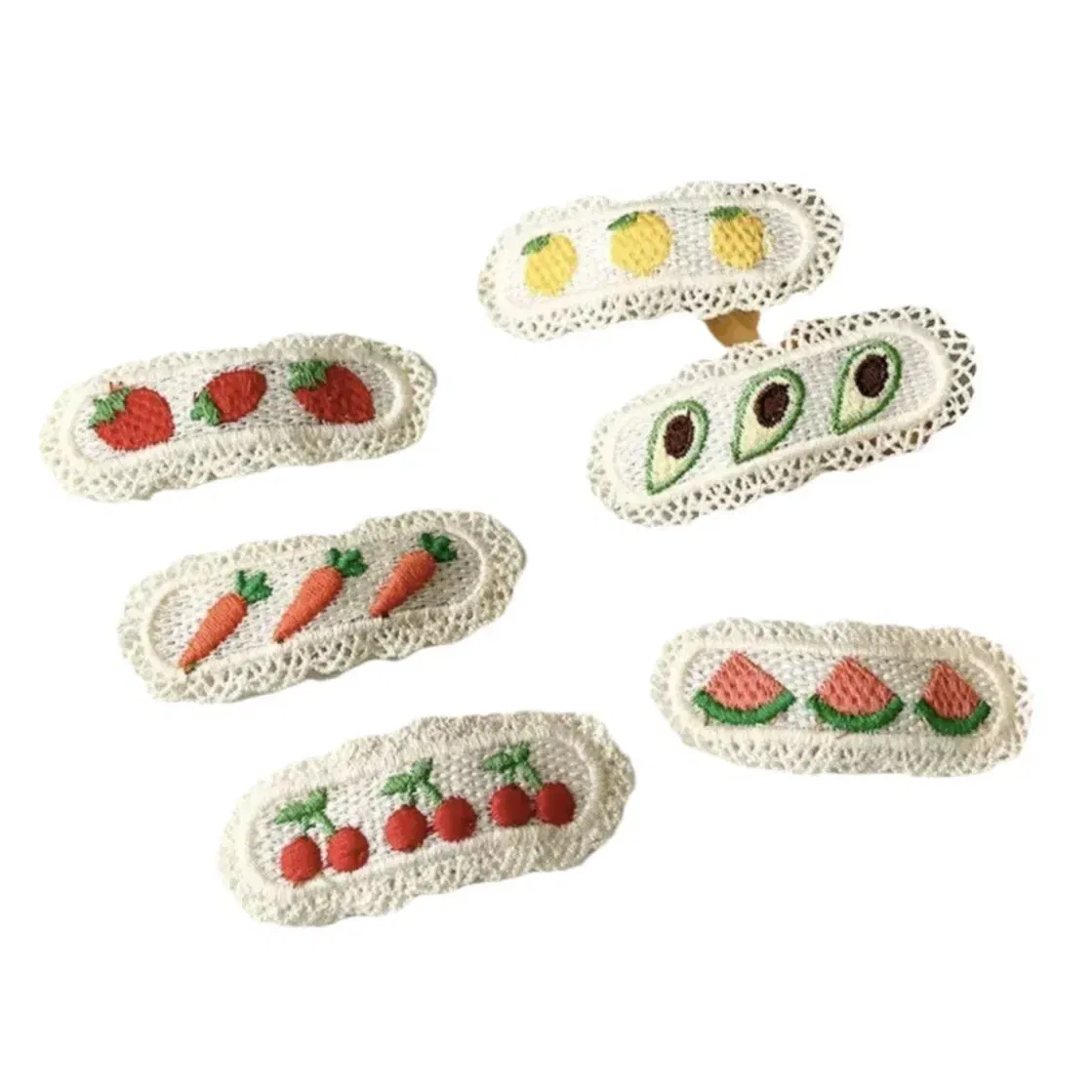 Color: Lavender - 2Pcs Sweet Girl Embroidery Hairpin Lace Side Clip Cute Kids Hair Ornament Pastoral Style Fruit Pattern Headwear