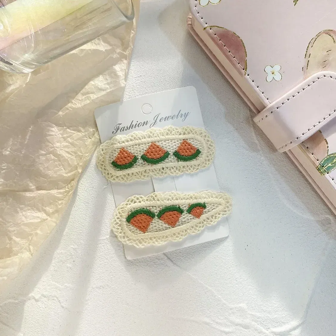 Color: Lavender - 2Pcs Sweet Girl Embroidery Hairpin Lace Side Clip Cute Kids Hair Ornament Pastoral Style Fruit Pattern Headwear