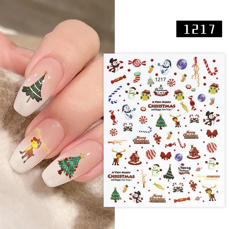 Color: Light Khaki - 1Pc Christmas Stickers Santa Claus Snowflake Decals Catoon Image Muti- Pattern New Year Halloween Nail Art Stickers for Manicure