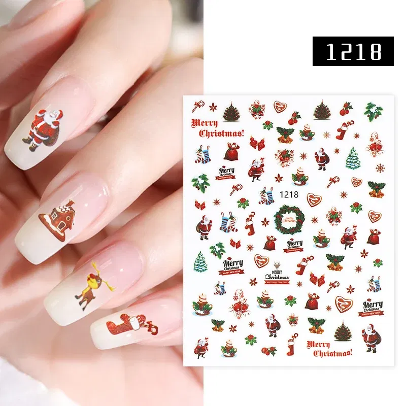 Color: Light Khaki - 1Pc Christmas Stickers Santa Claus Snowflake Decals Catoon Image Muti- Pattern New Year Halloween Nail Art Stickers for Manicure
