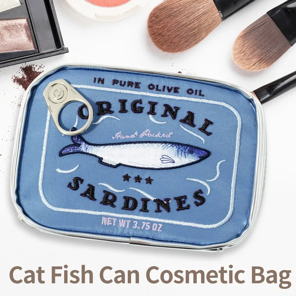 Color: WHITE - Canned Sardines Style Storage Bag Cute Bath Travel Bag Creative Portable Fashion Zipper Multi-function Soft for Weekend Vacation