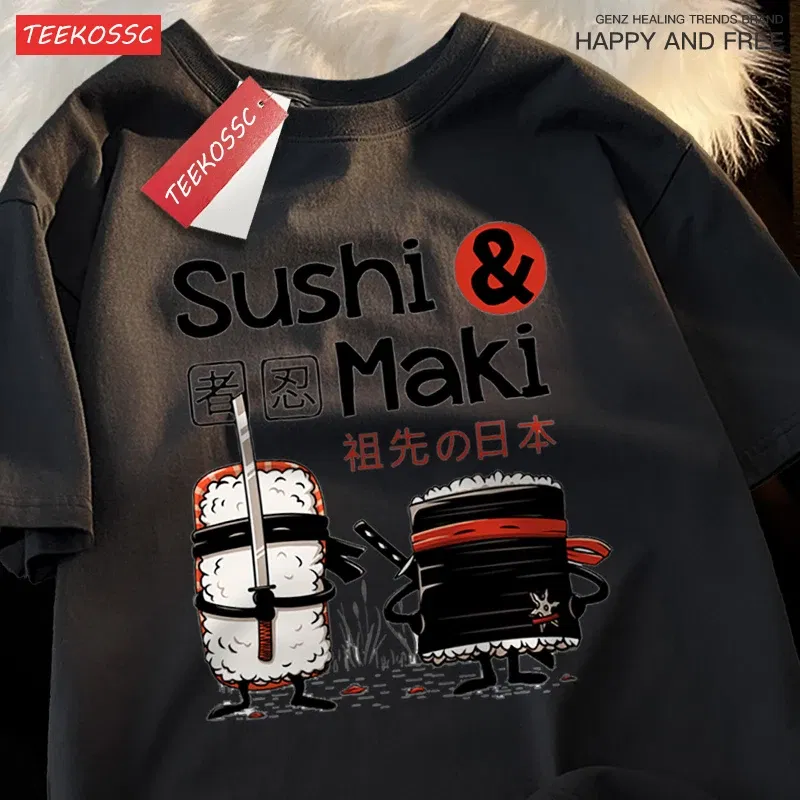 Color: black, Size: M - Theduc Sushi And Sushi Printing Men Women Tshirt Cotton T-Shirts Loose T Shirt Crewneck Loose Tops Fashion Clothes Unisex