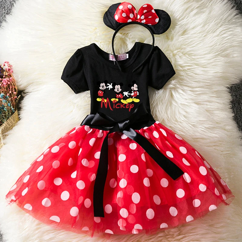 Color: MULTI, Size: XXS - Cartoon Mickey Minnie Mouse Kids Short Sleeve Polka Dot Princess Dress 1-6Y Party Baby Girls Clothes Cosplay Costumes