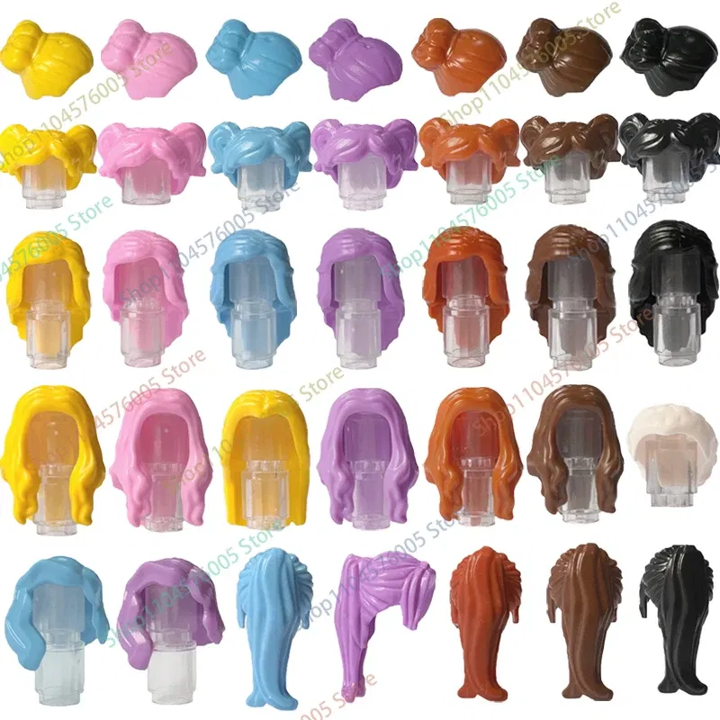 Color: Chrome Silver - MOC Brown Hair Building Blocks City Figures Body Creative Accessory Blond Gold White Parts DIY Hats Mini Bricks Assemble Toy S04