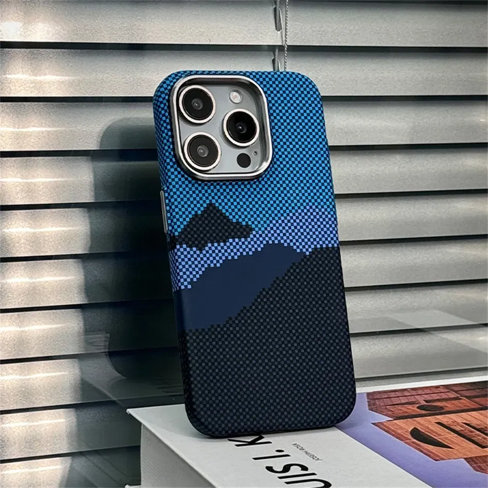 Color: Blue, Material: PU - Luxury Alloy Lens 3D Relief Peak Carbon Fibre Pattern Case For iPhone 13 14 15 16 Pro Max Slim Shockproof PC Cover For Magsafe