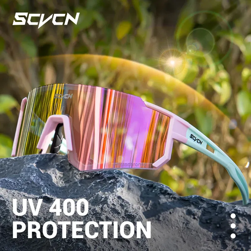 Color Name: Gold - SCVCN Color Photochromic Cycling Glasses Outdoo Fashion Sports Sunglasses Men MTB Cycling Sunglasses Women Road Bike Glasses