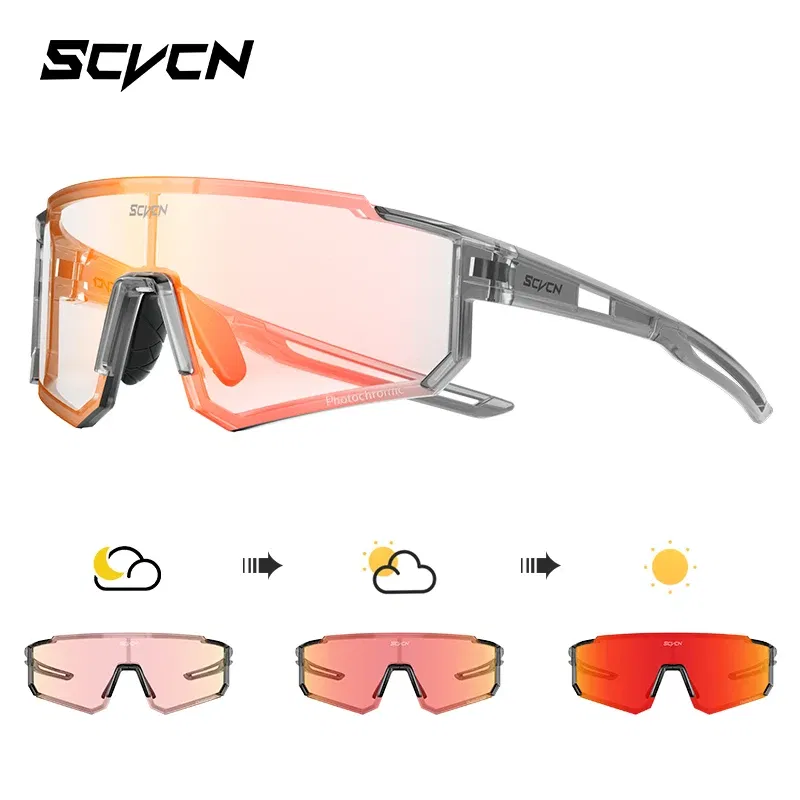 Color Name: Gold - SCVCN Color Photochromic Cycling Glasses Outdoo Fashion Sports Sunglasses Men MTB Cycling Sunglasses Women Road Bike Glasses
