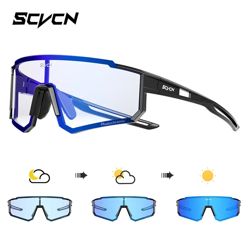 Color Name: Gold - SCVCN Color Photochromic Cycling Glasses Outdoo Fashion Sports Sunglasses Men MTB Cycling Sunglasses Women Road Bike Glasses