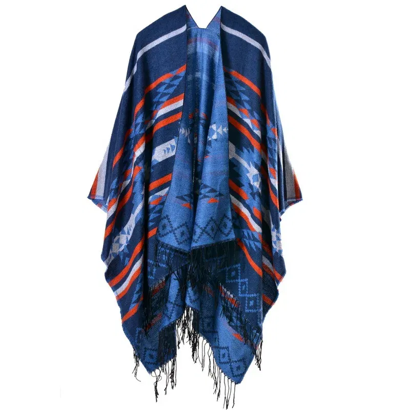 Color: Mint, Size: One Size - European American Popular Tassel Thickened Cashmere Like National Style Travel Fork Shawl Scarf in autumn Ponchos Capes P9