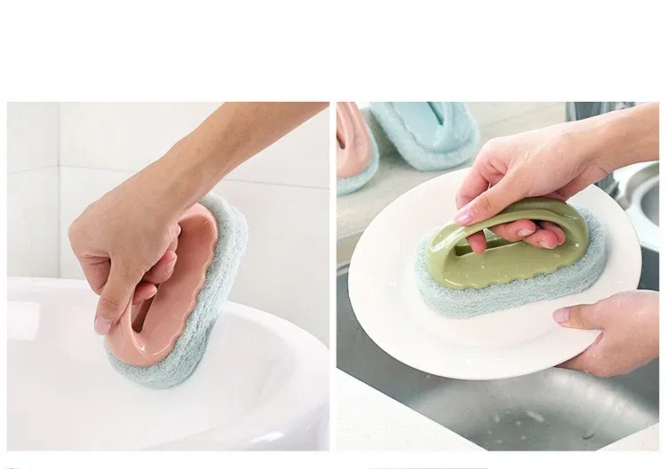 Color: Green - Sponge Brush Glass Wall Cleaning Tools Kitchen Cleaning Bathroom Toilet Gadget Handle Ceramic Window Slot Clean Brush