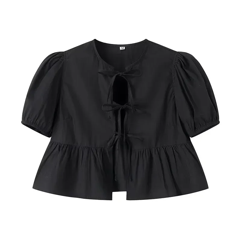 Color: black, Size: M - TRAF White Crop Top Women Black Ruffle Short Puff Sleeve Blouse Female Bow Tied Summer Blouses Woman 2024 Ruched Cute Tops