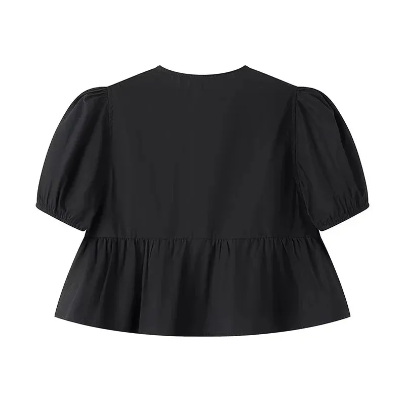 Color: black, Size: M - TRAF White Crop Top Women Black Ruffle Short Puff Sleeve Blouse Female Bow Tied Summer Blouses Woman 2024 Ruched Cute Tops