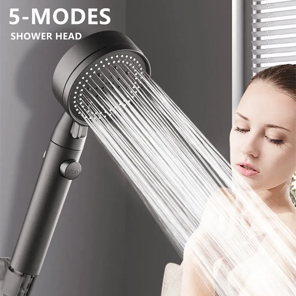 Color: Blue - High Pressure Shower Head 5 Modes Adjustable Showerheads with Hose Water Saving One-Key Stop Spray Nozzle Bathroom Accessories