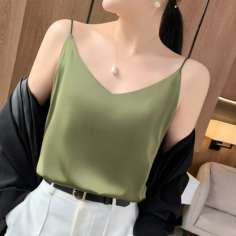 Color: green, Size: XXL - Fashion Silky Camisole Women's Inner With White Bottoming Satin Top Summer V-neck Thin Section