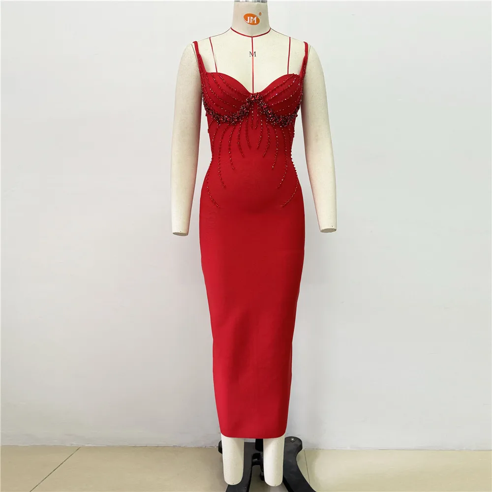 Color: Red, Size: M - Women Sexy Beading Spaghetti Strap Bandage Dress Bodycon Clothes Club Party Celebrity Elegant Dresses