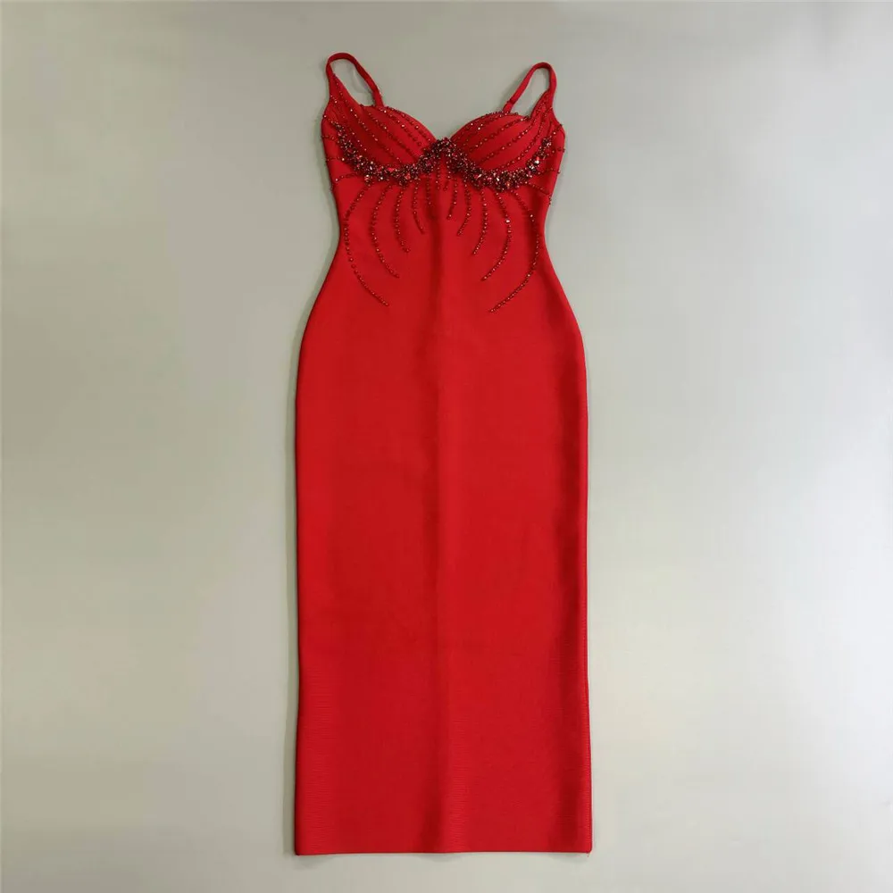Color: Red, Size: M - Women Sexy Beading Spaghetti Strap Bandage Dress Bodycon Clothes Club Party Celebrity Elegant Dresses