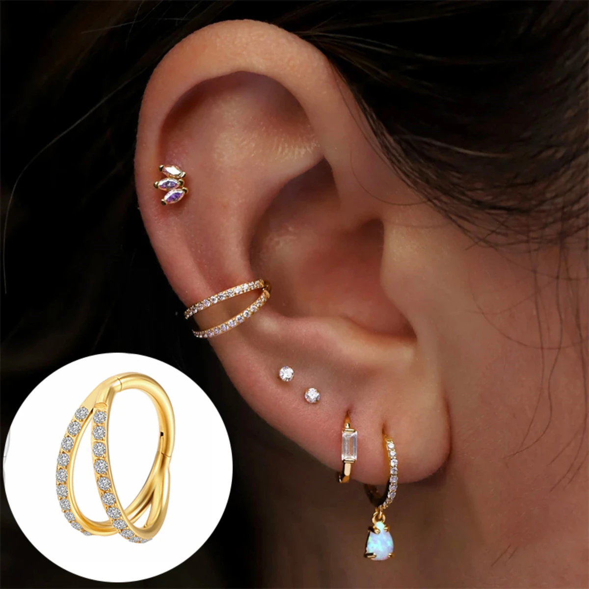 Metal color: Imitation Rhodium Plated, Main Stone Color: black - G23 Titanium Piercing Hinged Segment Hoops CZ Stone Nose Rings Ear Cartilage Tragus Helix Earrings Piercing Body Jewelry