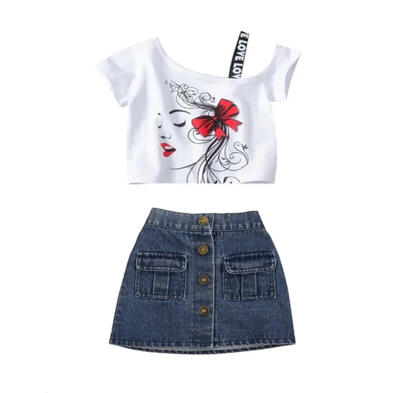 Color: WHITE, Kid Size: 4 - HOT Baby Girl Clothes Girls Clothing Set Fashion Girls Set Print Toddler Girl Tops + Denim Skirts Baby Suit Kids Clothes1