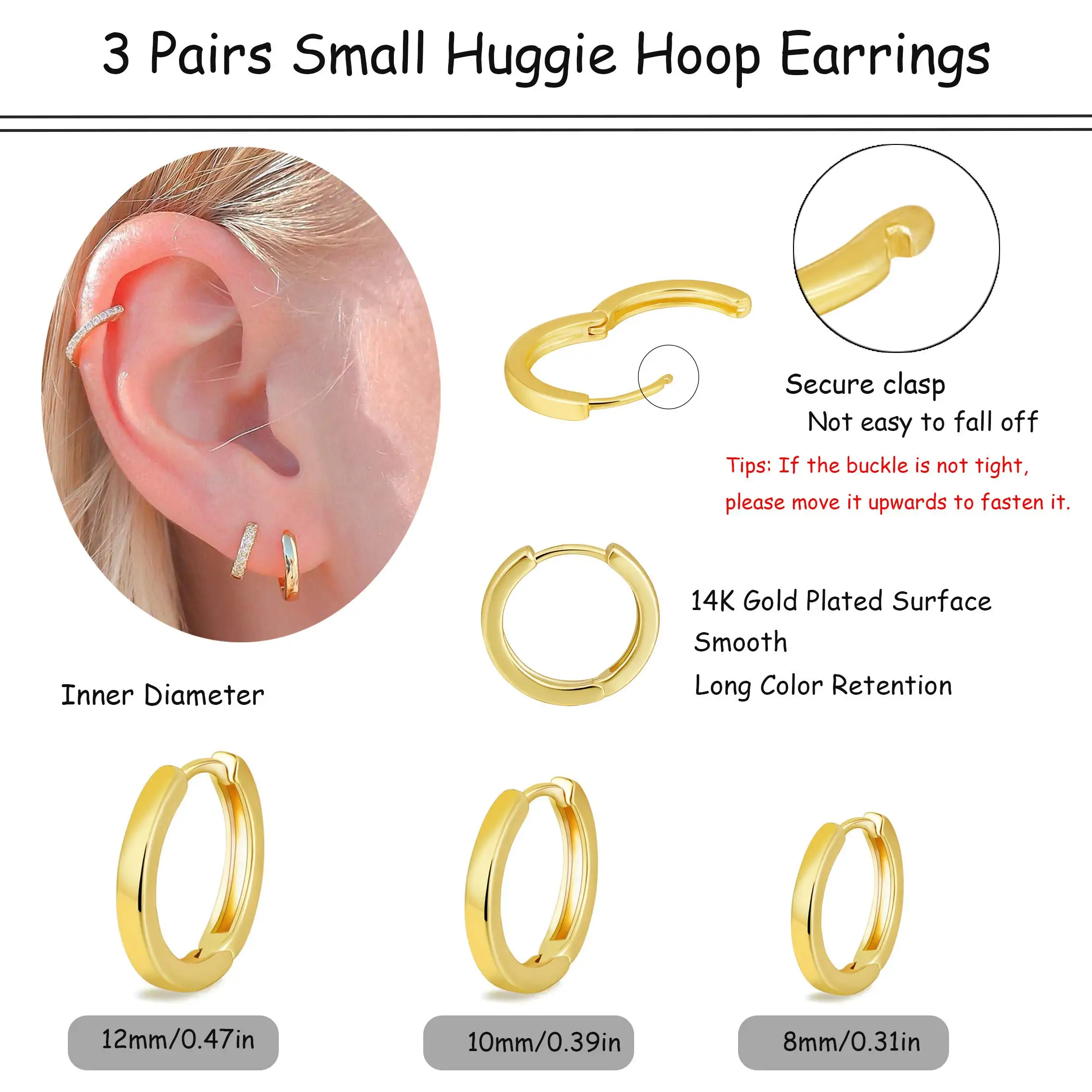 Metal Color: Gold-color - Vonmoos New Women 3 Pairs Small Earrings Lady Classic 14K Gold Hoop Fashion Tiny Huggie Hoop Earrings Set Hypoallergenic Earring