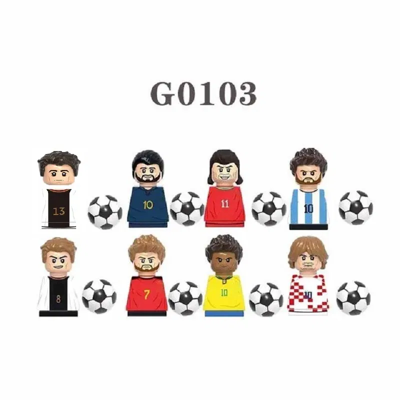 Color: Brown - 1-16PCS Messi Ronaldo Neymar Lewandowski Soccer World Famous Football Players Figurine Mini Action Building Block Toy Kids Gifts