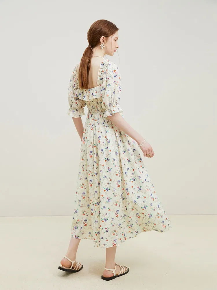 Color: Beige, Size: XS - FSLE Square Neck Women Loose 100% Cotton Long Dresses Puff Sleeve Country Style Floral A-LINE Skirts Summer Female Sweet Dress