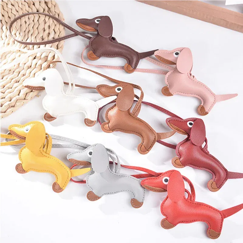 Color: Dark Brown - Classic Cute Puppy Dog Bag Pendant Key chain Fashion PU Leather Dachshund key Ring Accessories