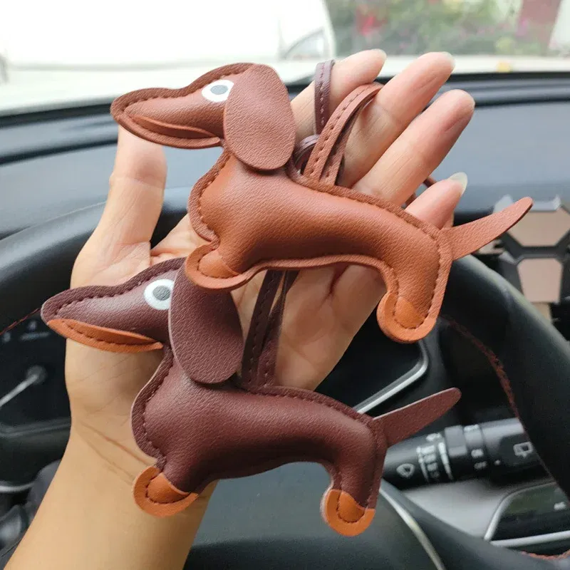Color: Dark Brown - Classic Cute Puppy Dog Bag Pendant Key chain Fashion PU Leather Dachshund key Ring Accessories