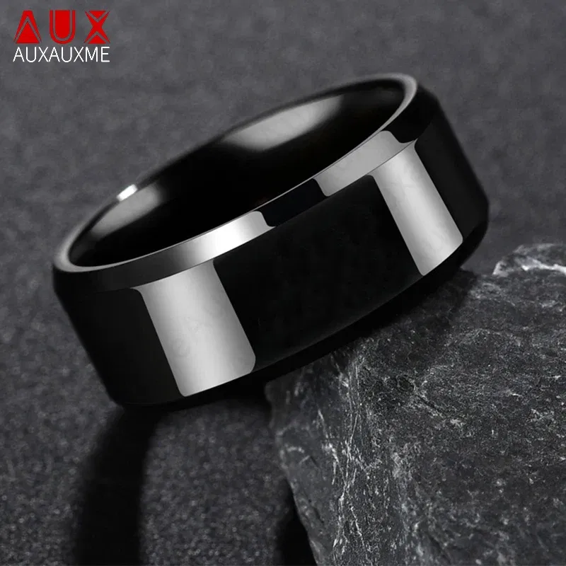 Main Stone Color: Green, Ring Size: 10 - Auxauxme 8mm Black Titanium Stainless Men Ring Simple Wedding Bands Rings Gift For Male Jewelry Size 5-13 Drop shipping